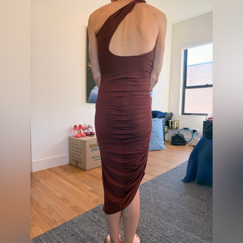 Chic One-Shoulder Ruched Midi Dress - Rust - Picture 3 of 4